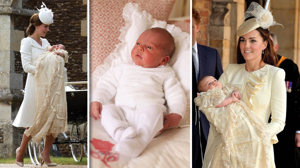 Fotomontage: Hertuginde Catherine med prinsesse Charlotte, prins Louis og hertuginde Catherine med prins George. 