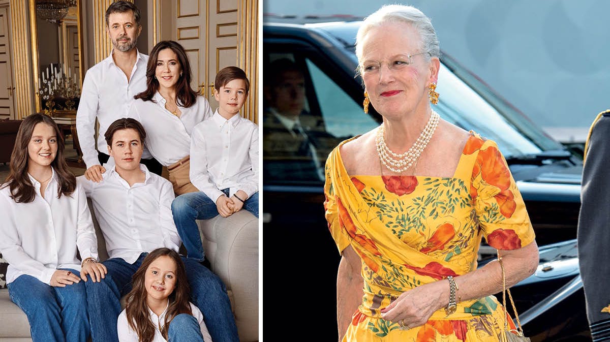 Fotomontage: Kronprinsfamilien (taget i forbindelse med kronprinsesse Marys 50-års fødselsdag 2021) og dronning Margrethe. 