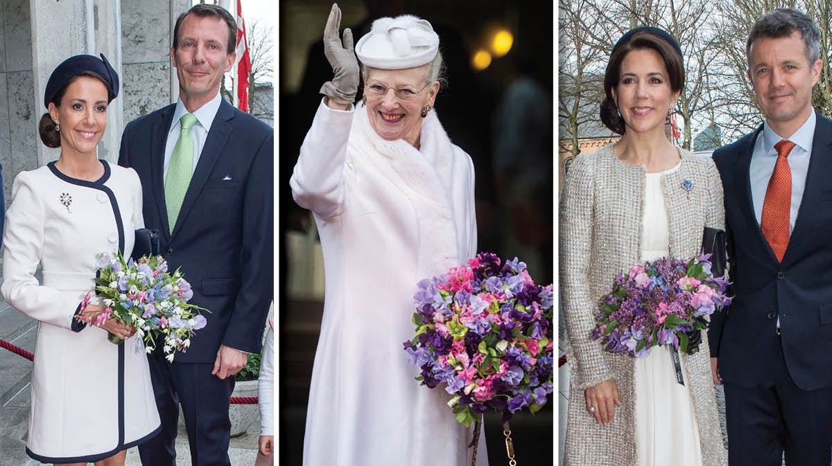 Prins Joachim, prinsesse Marie, dronning Margrethe, kronprinsesse Mary og kronprins Frederik.