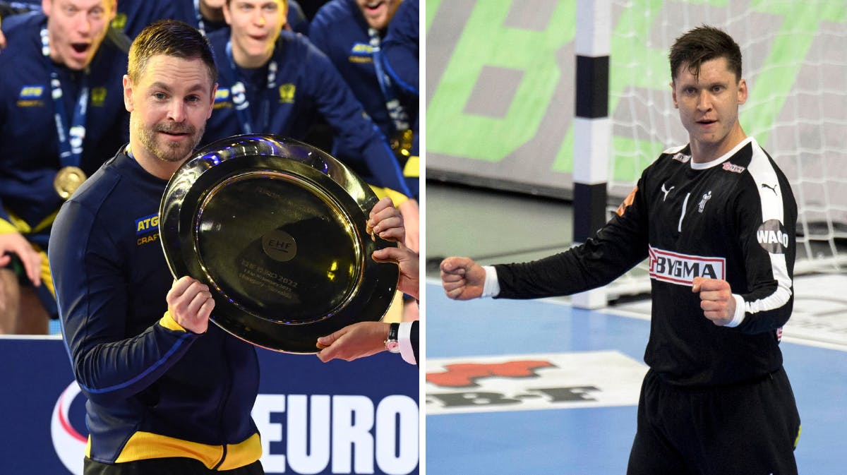 Den svenske målmand Andreas Palicka og den danske målmand Niklas Landin