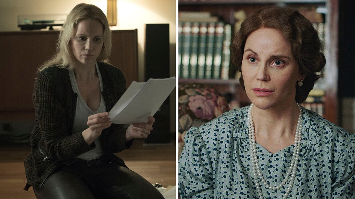 Sofia Helin som Saga i "Broen" og kronprinsesse Märtha i "Atlantic Crossing". 