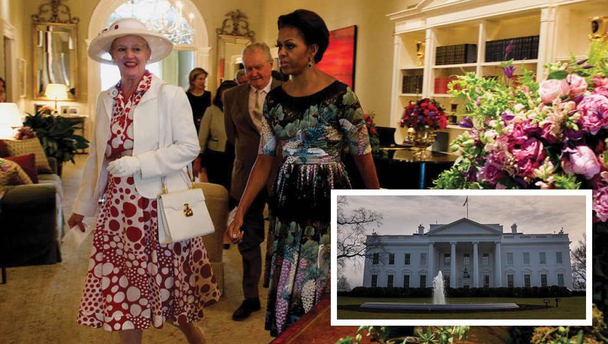 Dronning Margrethe og prins Henrik besøgte USA&#39;s præsidentfrue Michelle Obama i Det Hvide Hus den 8. juni 2011.