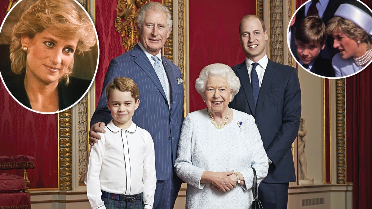 Prins Charles, prins William, prins George og dronning Elizabeth. Indsat: Prinsesse Diana med prins William som barn.