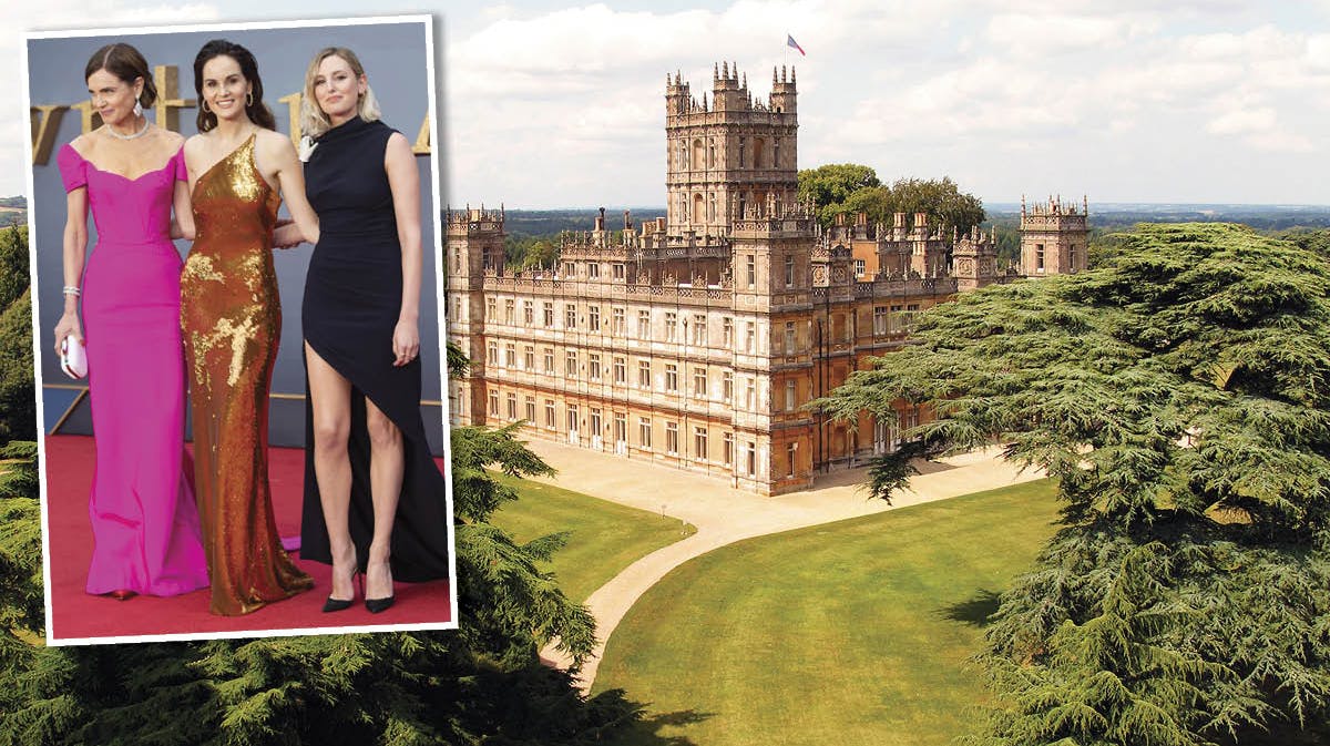 Highclere Castle, virkelighedens "Downton Abbey". Indsat: Elizabeth McGovern, Michelle Dockery og Laura Carmichael, der spiller hhv. Lady Grantham, Mary og Edith. 