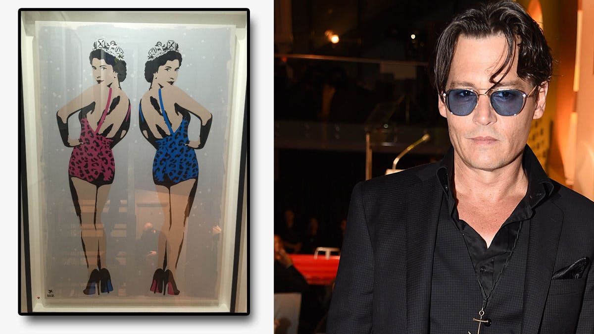 Johnny Depp og indsat billede af maleriet af dronning Elizabeth han har købt.