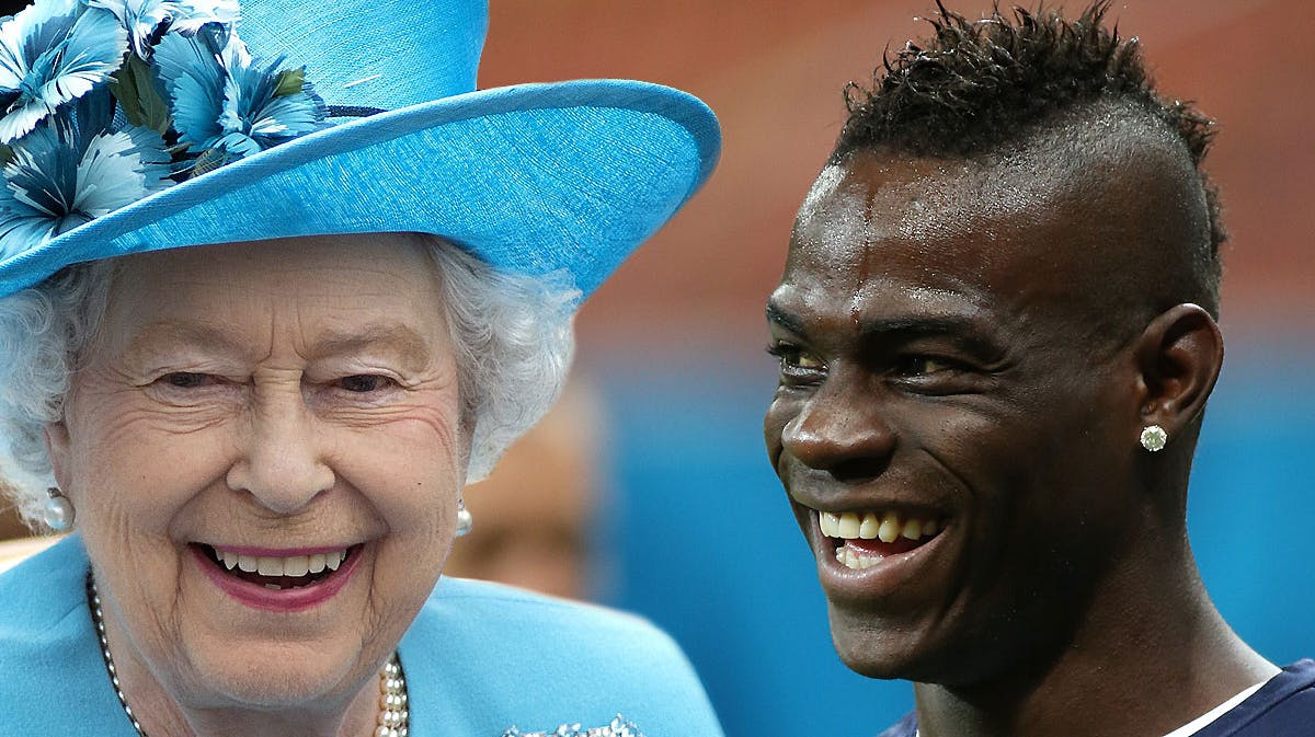 Sammensat billede: Dronning Elizabeth og Mario Balotelli.