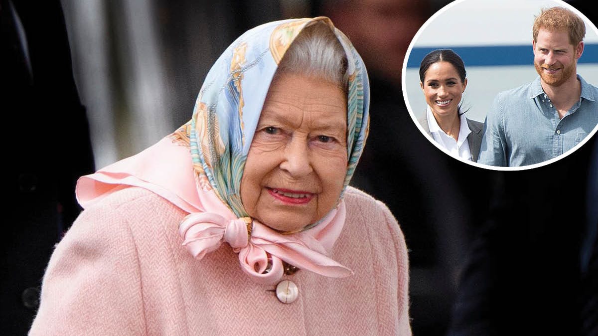 Dronning Elizabeth. Indsat: Hertuginde Meghan og prins Harry.