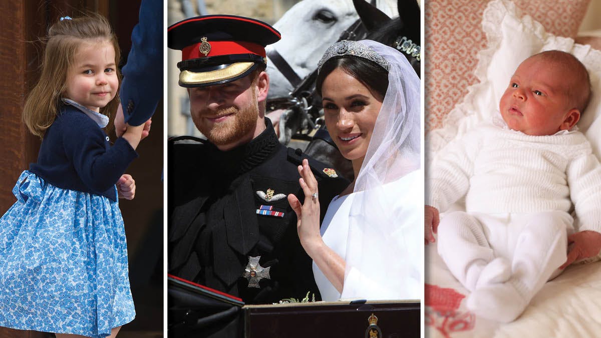 Fotomontage; Prinsesse Charlotte, prins Harry, hertuginde Meghan og prins Louis.