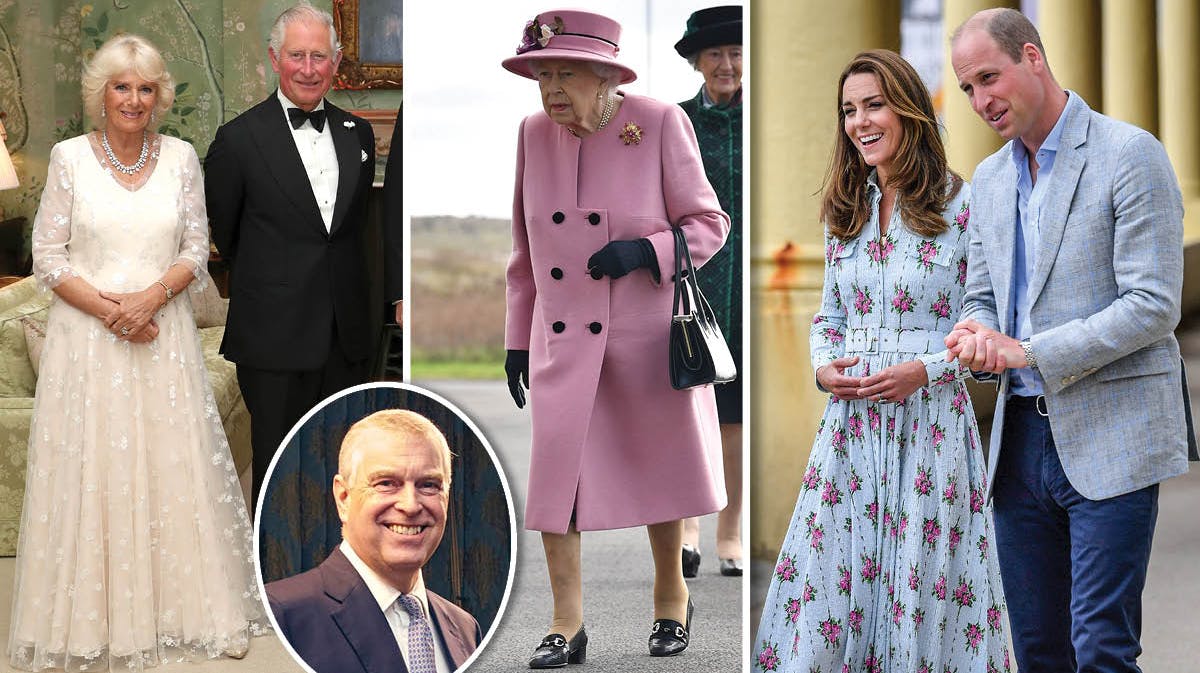 Hertuginde Camilla, prins Charles, prins Andrew, dronning Elizabeth, hertuginde Catherine og prins William. 