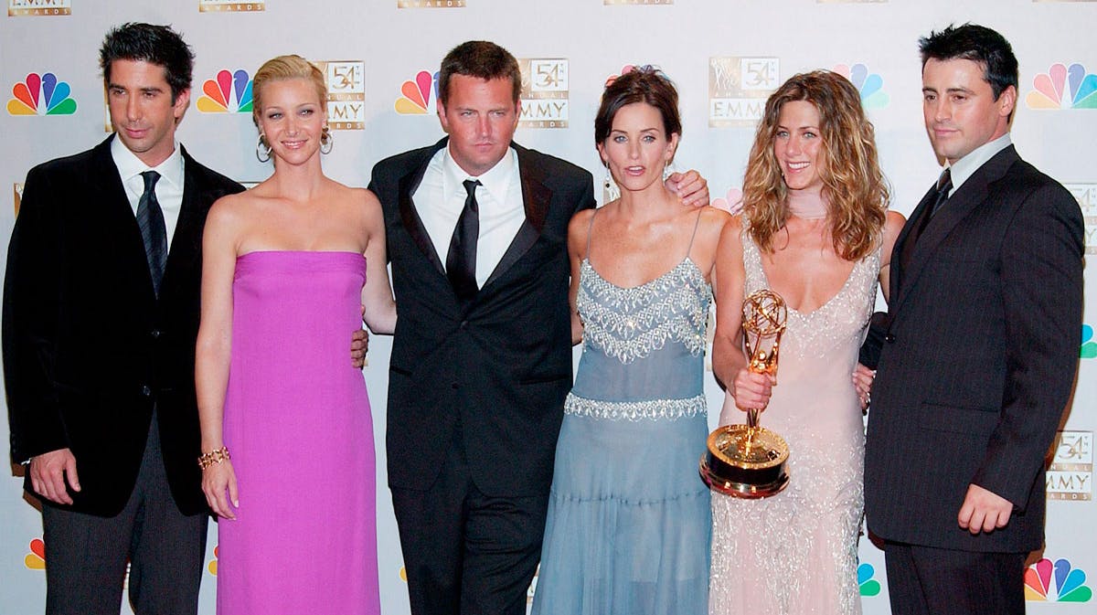 De medvirkende i TV-serien "Venner": David Schwimmer, Lisa Kudrow, Matthew Perry, Courtney Cox, Jennifer Aniston og Matt le Blanc.