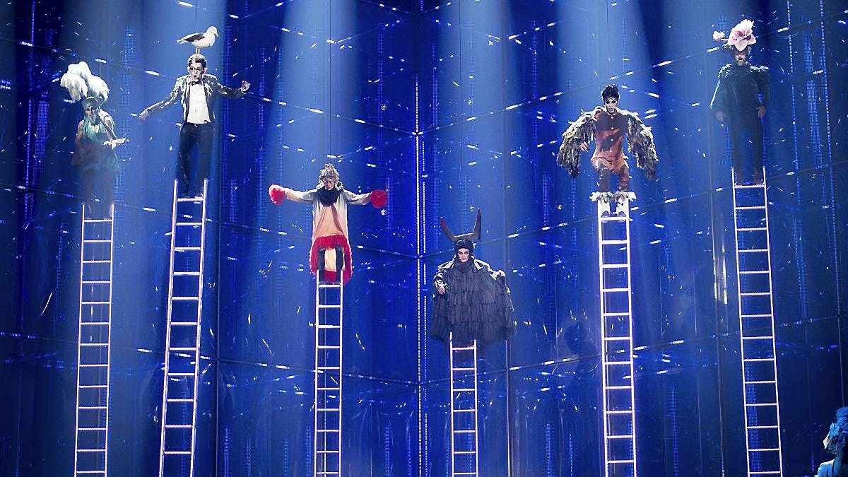 Sådan så en del af underholdningen ud ved fredagens generalprøve på finalen i Eurovision Song Contest. Det blev siden ændret ved den rigtige finale lørdag aften.