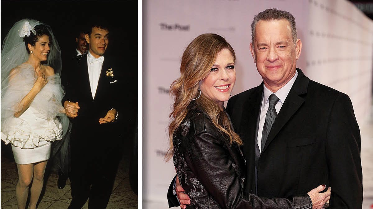 Tom Hanks og Rita Wilson. Ved brylluppet i 1988 - og i dag.
