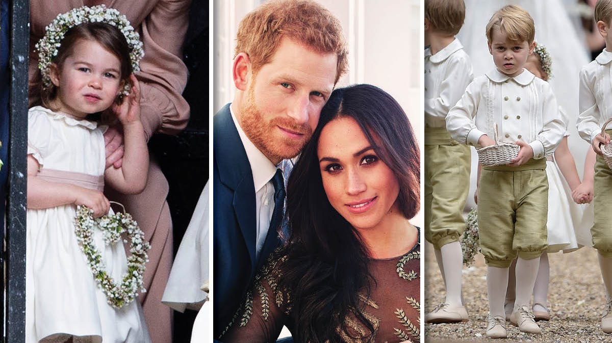 Fotomontage: Prinsesse Charlotte, prins Harry, Meghan Markle og prins George.