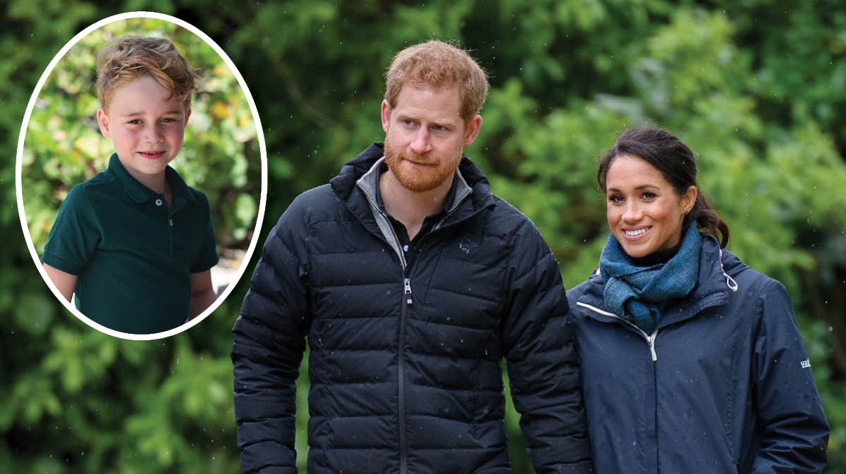 Prins Harry og hertuginde Meghan. Indsat: Prins George.