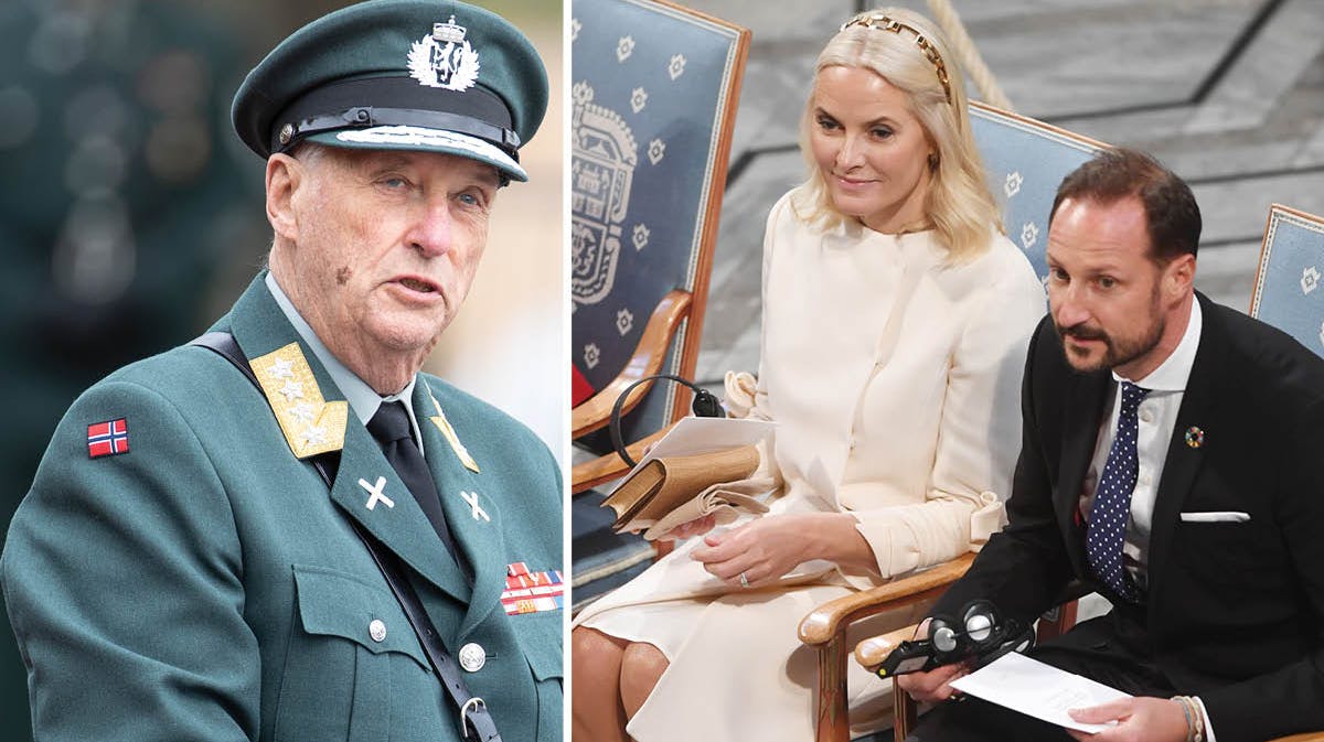 Kong Harald, kronprinsesse Mette-Marit og kronprins Haakon.