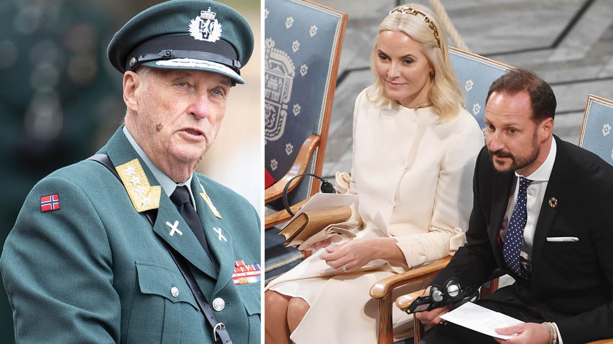 Kong Harald, kronprinsesse Mette-Marit og kronprins Haakon.