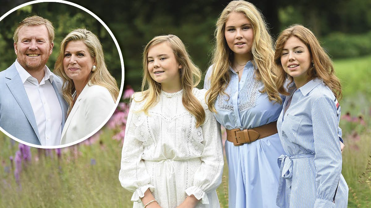 Det hollandske kongepars tre døtre; prinsesse Ariane, prinsesse Amalia og prinsesse Alexia fotograferet i juli 2020. Indsat: Kong Willem-Alexander og dronning Maxima.