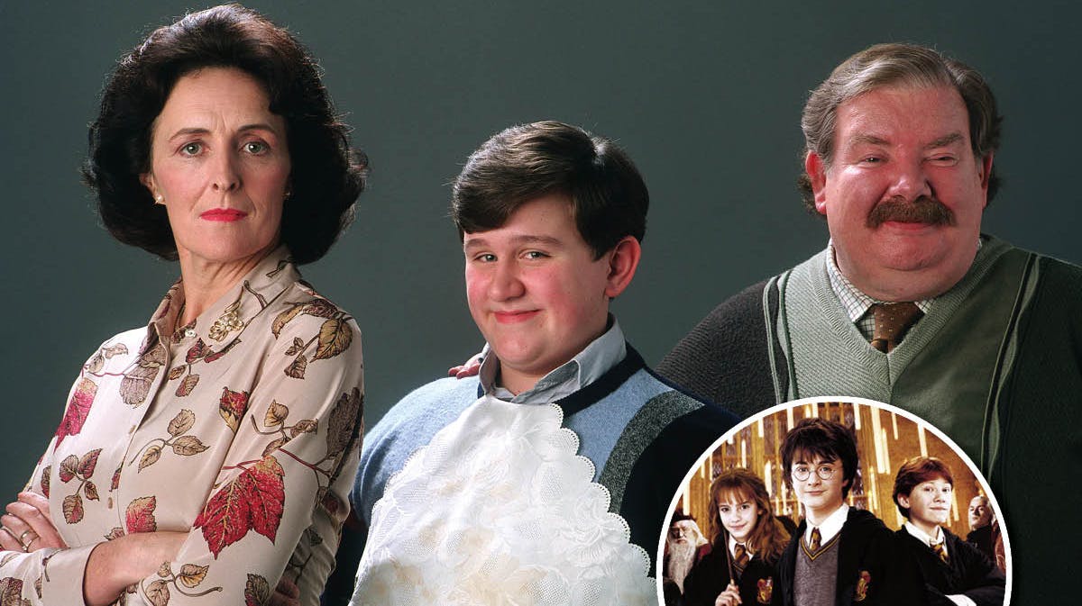 Familien Dursley fra "Harry Potter"-universet. I midten ses Harry Melling.