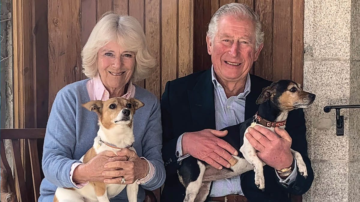 Hertuginde Camilla med hunden Bluebell og prins Charles med hunden Beth.