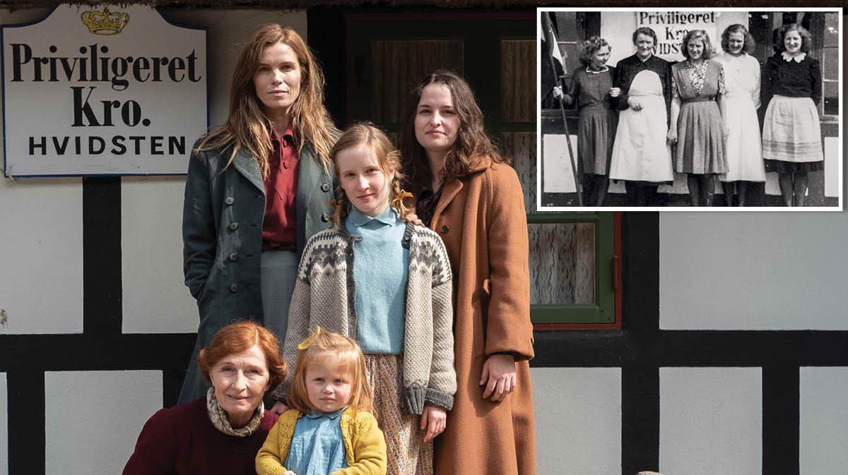 Fotomontage. Pressebillede fra filmen "Hvidstengruppen ll: De efterladte" og privatfoto af Tulle, Gudrun, Bitten, Ritha og Gerda Fiil. 