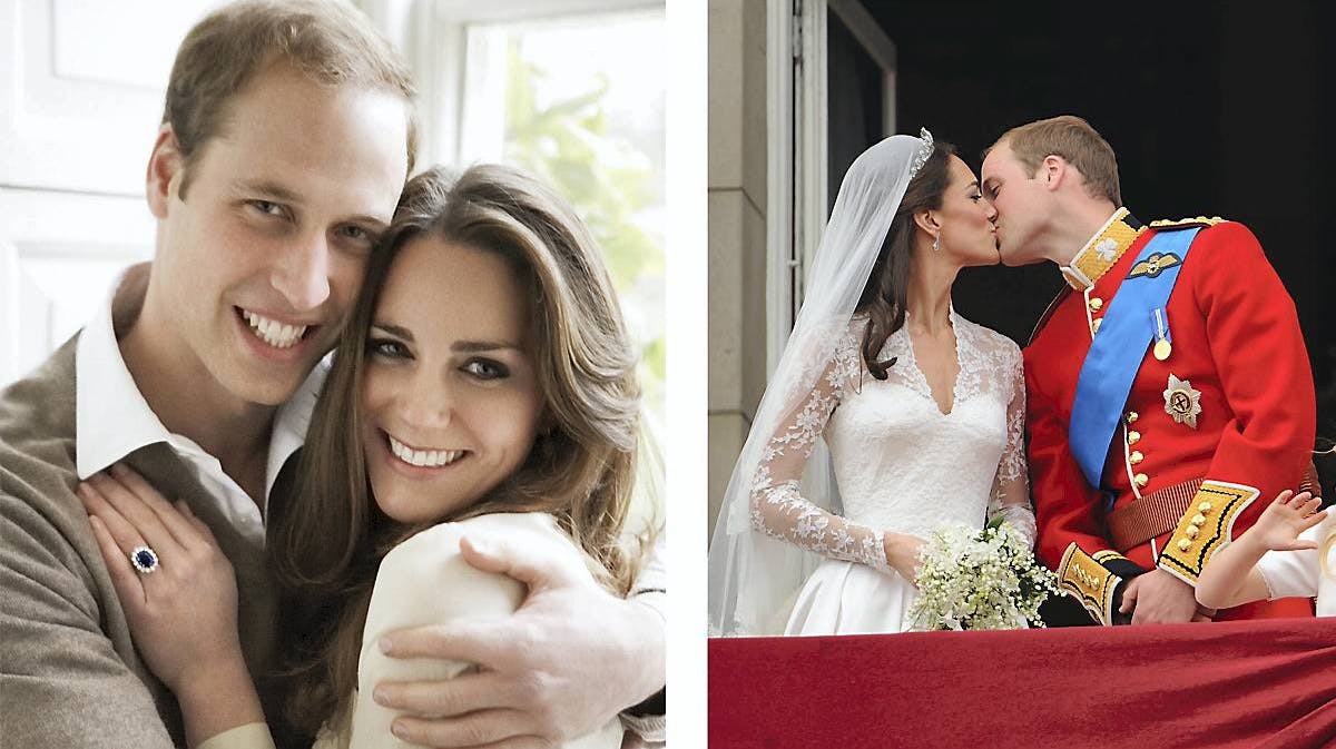 Prins William og hertuginde Catherine ved forlovelsen og brylluppet.