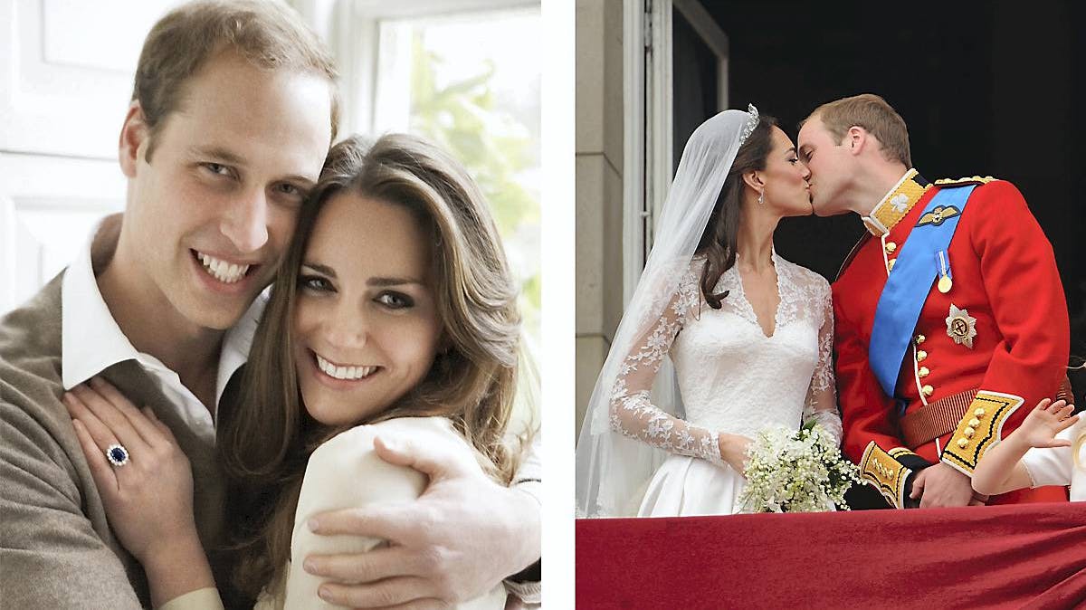 Prins William og hertuginde Catherine ved forlovelsen og brylluppet. 