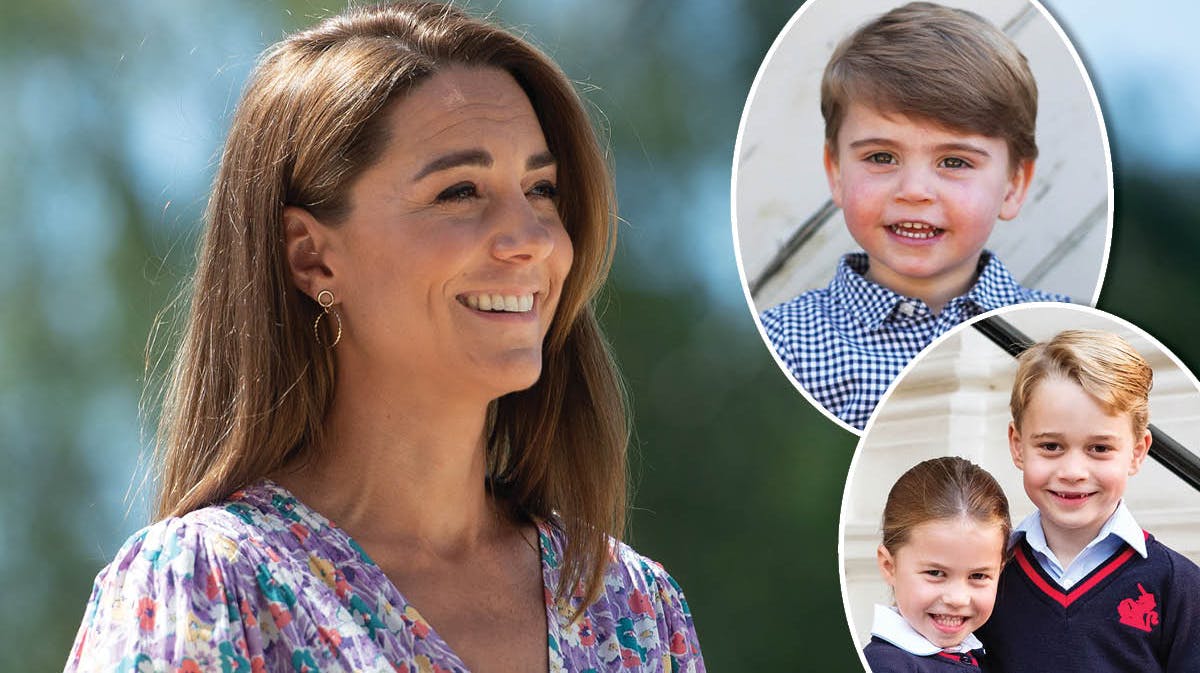 Hertuginde Catherine. Indsat: Prins Louis, prinsesse Charlotte og prins George.