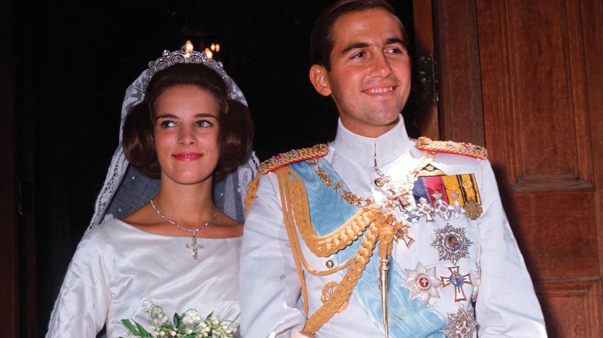 Dronning Anne-Marie og kong Konstantin efter brylluppet i Athen den 18. september 1964.