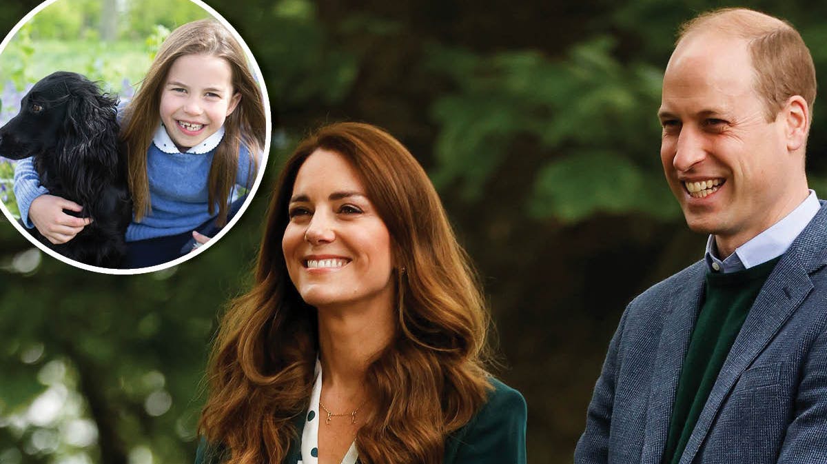 Fotomontage. Hertuginde Catherine og prins William. Indsat: Prinsesse Charlotte med familiens hund. 