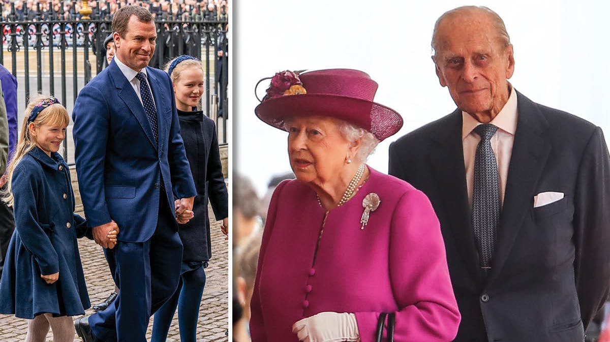 Peter Phillips med døtrene Isla og Savannah. Til højre dronning Elizabeth og prins Philip. 