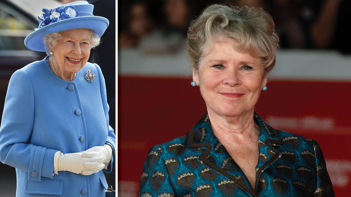 Fotomontage. Arkivfoto, dronning Elizabeth og Imelda Staunton. 