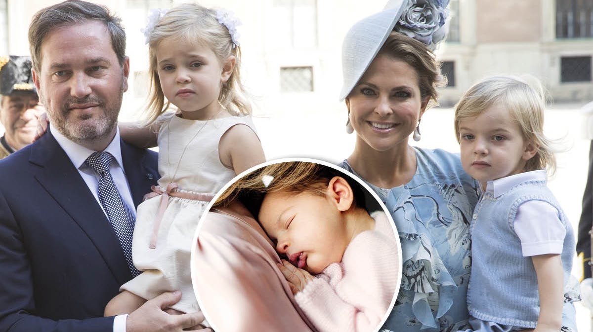 Fotomontage: Prinsesse Madeleine, Chris O'Neill, prins Nicolas og prinsesse Leonore. Indsat; prinsesse Adrienne.