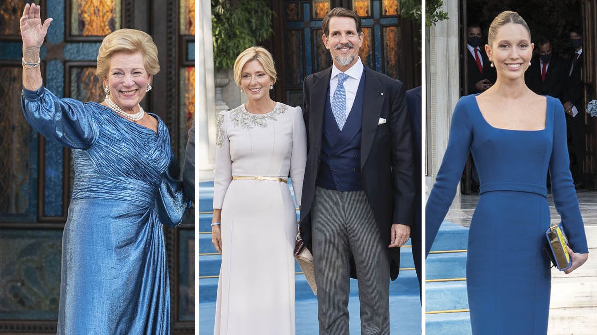 Dronning Anne-Marie, kronprinsesse Marie-Chantal, kronprins Pavlos og prinsesse Maria-Olympia fotograferet ved prins Philippos' og prinsesse Ninas bryllup i Athen i oktober 2021.
