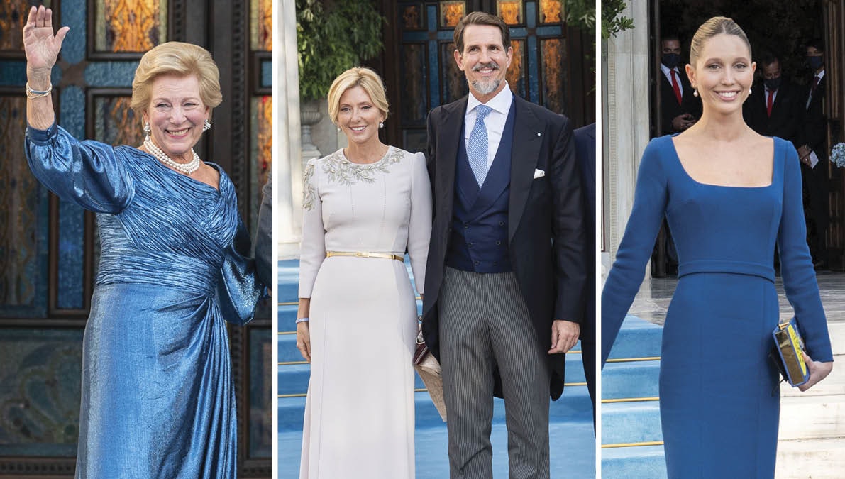 Dronning Anne-Marie, kronprinsesse Marie-Chantal, kronprins Pavlos og prinsesse Maria-Olympia fotograferet ved prins Philippos&#39; og prinsesse Ninas bryllup i Athen i oktober 2021.