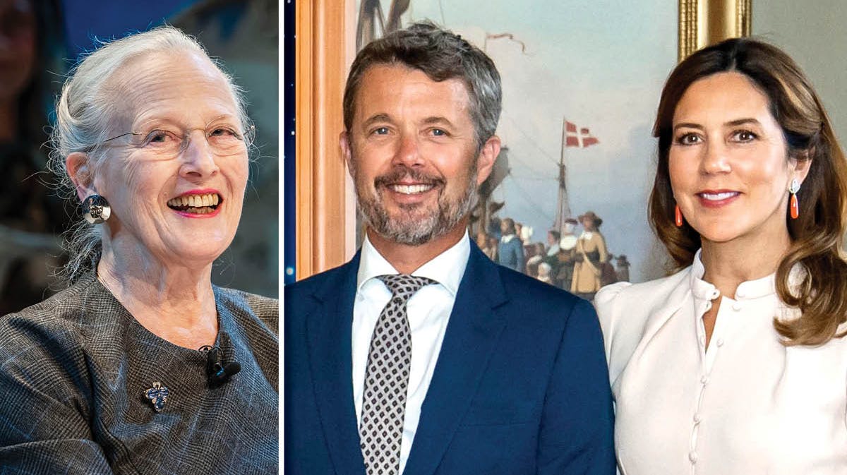 Dronning Margrethe, kronprins Frederik og kronprinsesse Mary. 