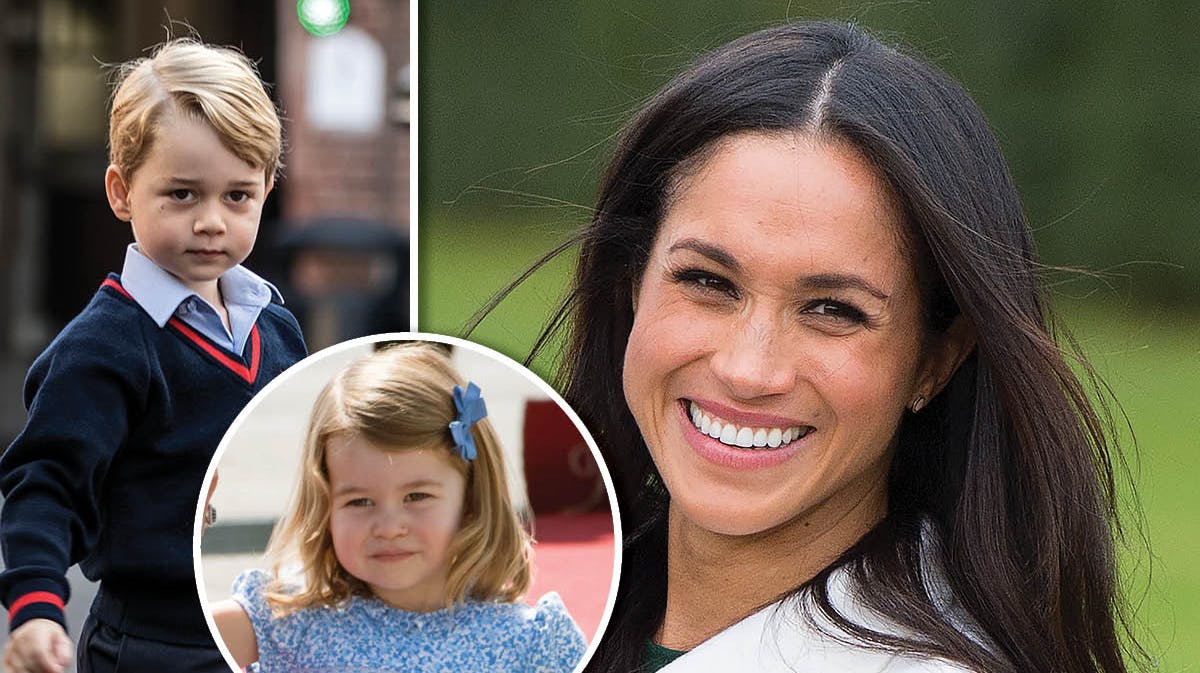 Fotomontage. Meghan Markle, prins George og prinsesse Charlotte.