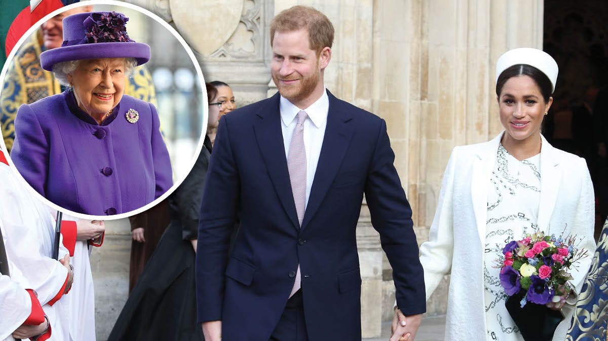 Dronning Elizabeth, prins Harry og hertuginde Meghan. 