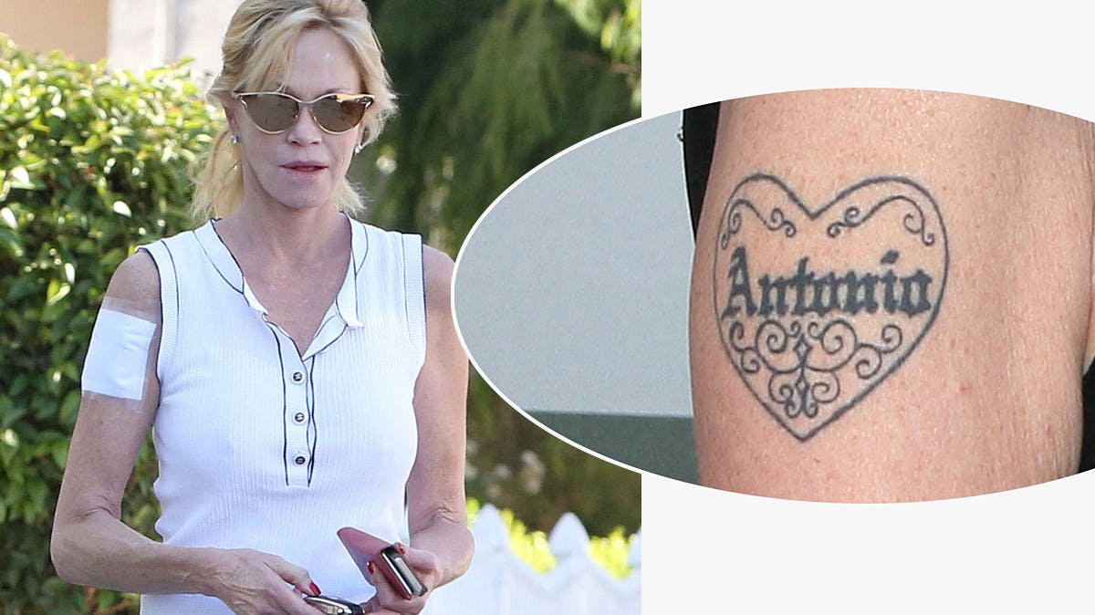 Melanie Griffith med bandage over det sted, hvor hun tidligere havde tatovering med Antonio Banderas navn - indsat billede.