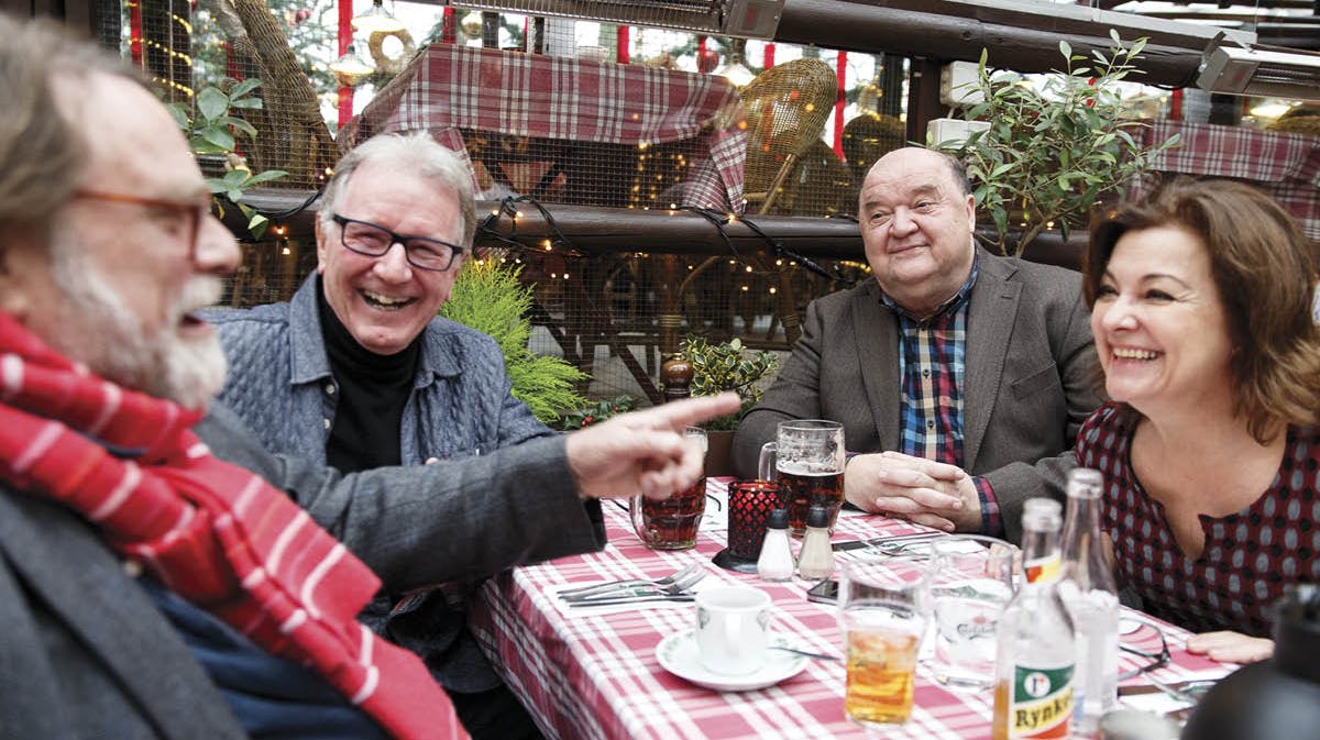 I 2018 mødtes nogle af skuespillerne fra "Nissebanden" i Grøften. F.v. Lars Knutzon, Finn Nielsen, Flemming Jensen, Ann Hjort