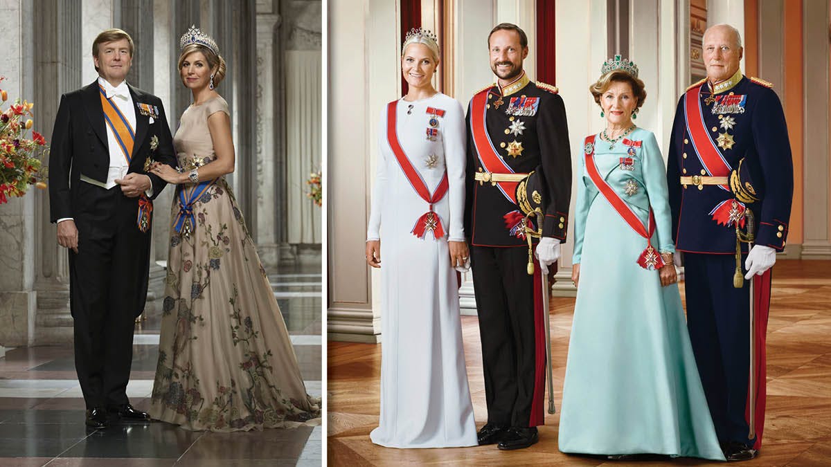 Officielle portrætter af det hollandske kongepar og det norske kronprinspar sammen med det norske kongepar.&nbsp;