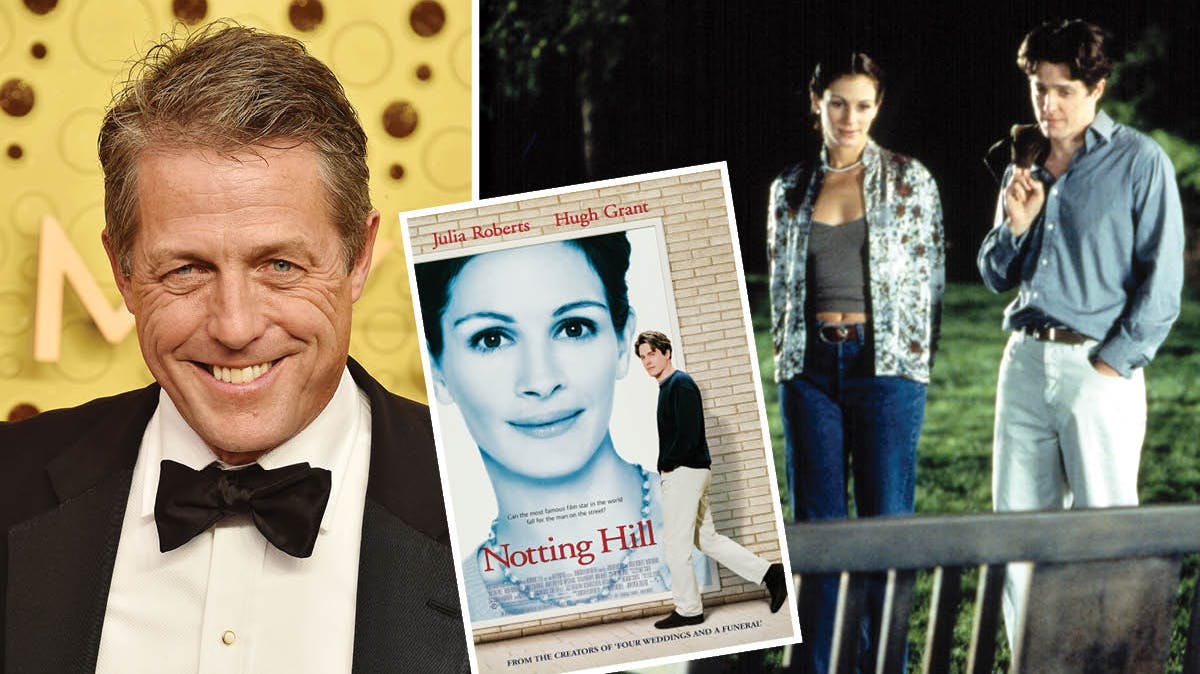 Hugh Grant i 2019 samt Julia Roberts og Hugh Grant i "Notting Hill" fra 1999. Indsat: "Notting Hill"-filmplakat.