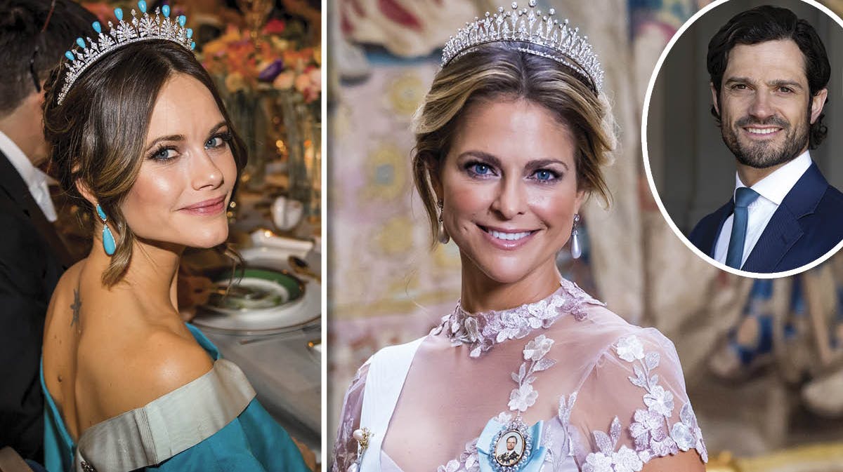 Prinsesse Sofia og prinsesse Madeleine til Nobelfestlighederne i 2019. Indsat: Prins Carl Philip. 