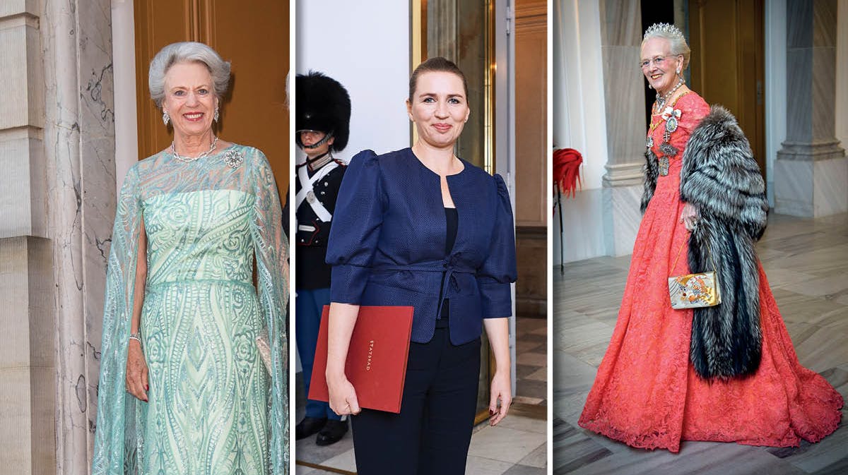 Fotomontage. Prinsesse Benedikte, Mette Frederiksen og dronning Margrethe.