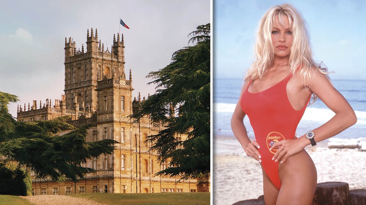 Highclere Castle, hvor Downton Abbey bliver optaget, og Pamela Anderson i "Baywatch" fra 1993.