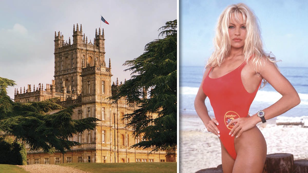 Highclere Castle, hvor Downton Abbey bliver optaget, og Pamela Anderson i "Baywatch" fra 1993.
