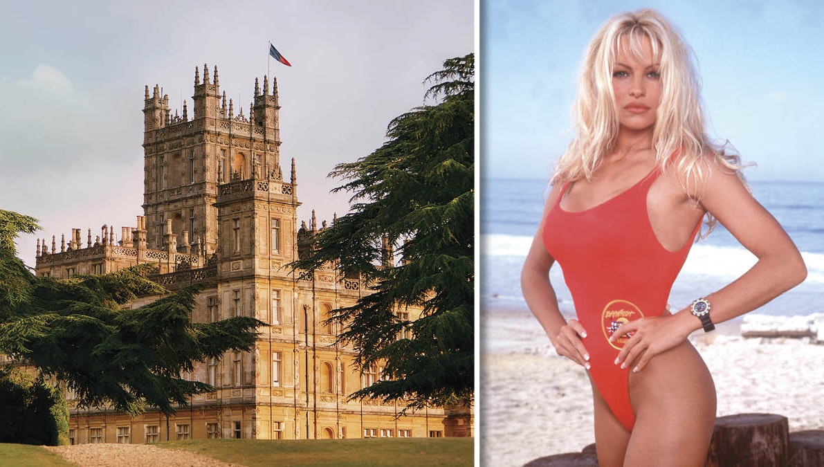Highclere Castle, hvor Downton Abbey bliver optaget, og Pamela Anderson i "Baywatch" fra 1993. 
