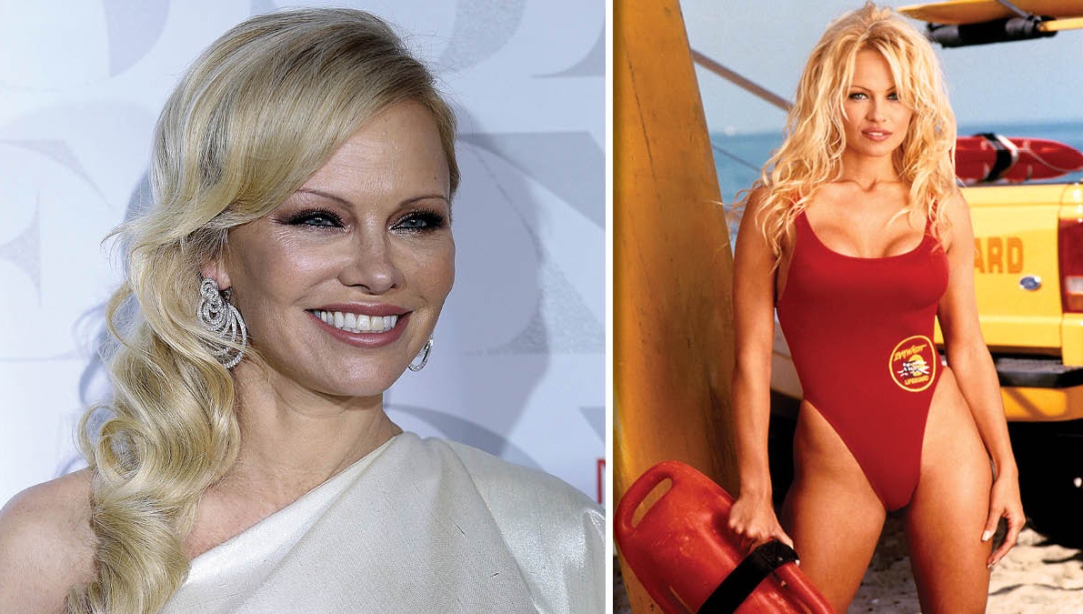 Pamela Anderson i 2019 og i rollen som C.J. Parker i "Baywatch" i 1995.