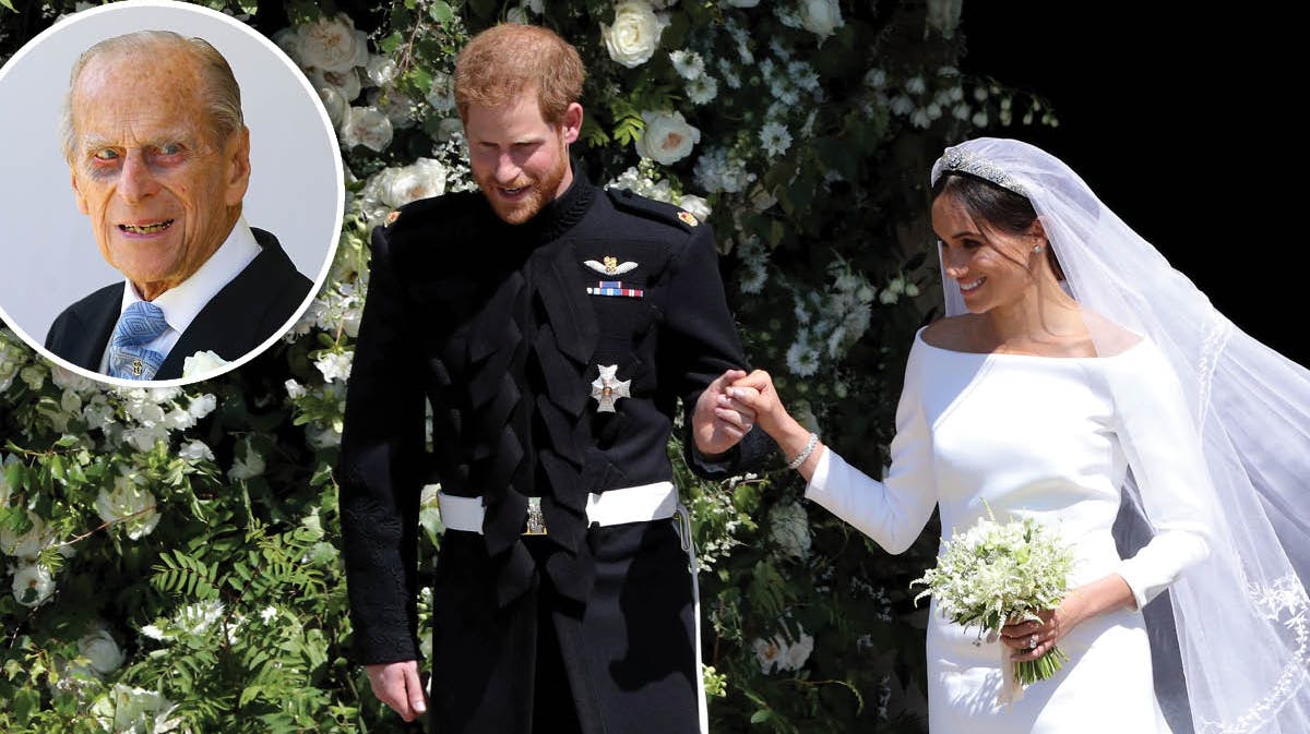 Prins Harry og hertuginde Meghan. Indsat: Prins Philip.