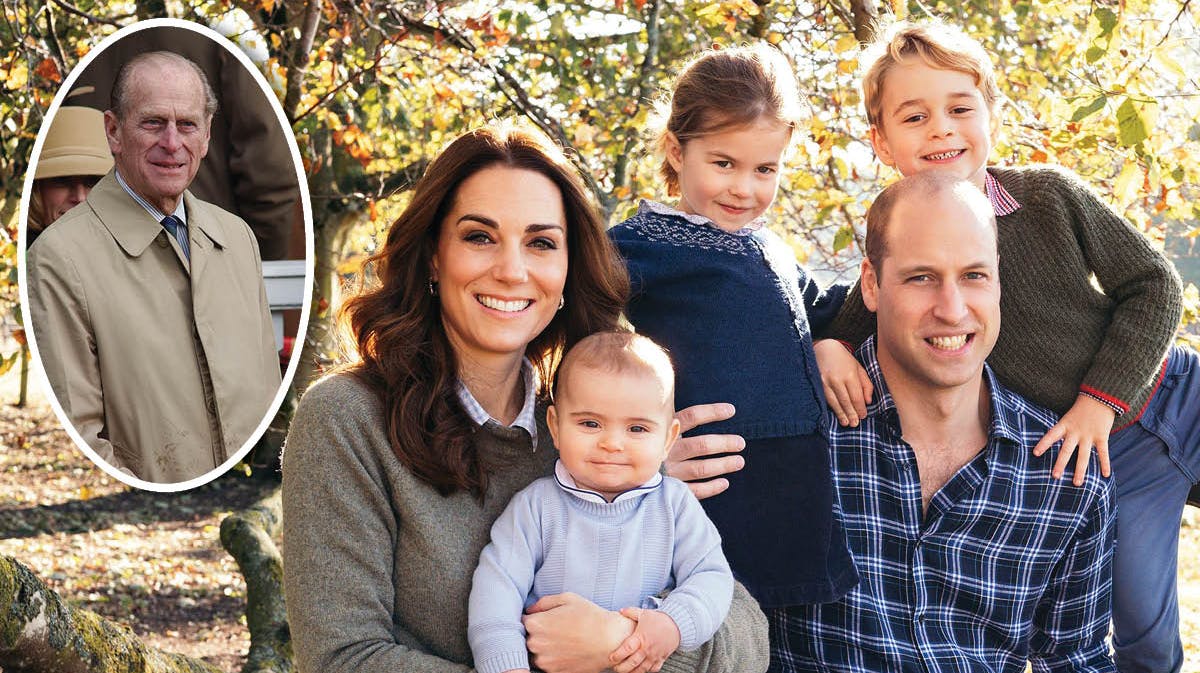 Prins William og hertuginde Catherine med deres børn, prins George, prinsesse Charlotte og prins Louis. Indsat: Prins Philip.