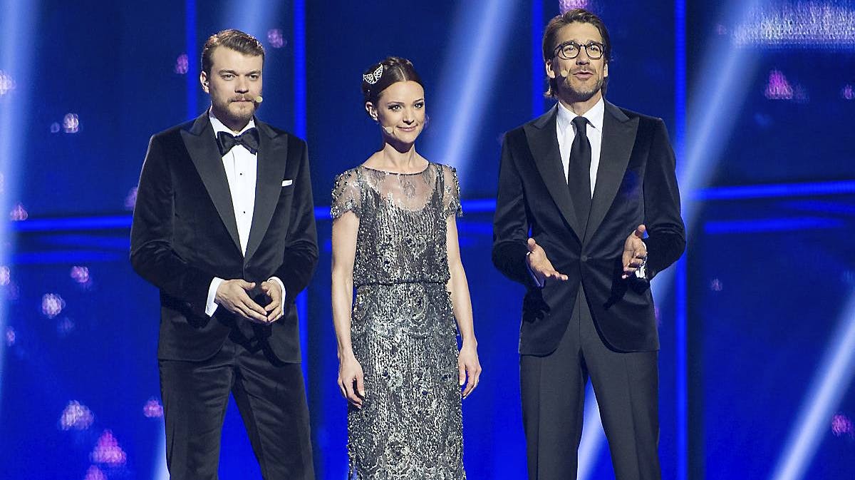 Pilou Asbæk, Lise Rønne og Nikolaj Koppel ved generalprøven på Eurovision-finalen fredag 9. maj.
